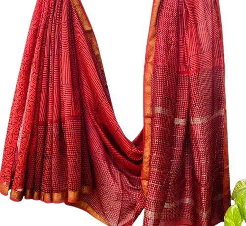 Natural Hand Block Print Maheshwari Silk Saree - Design: Standard