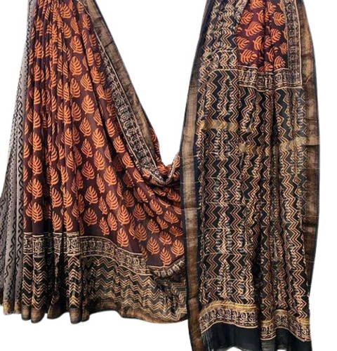 Natural Hand Block Print Silk Maheshwari Silk Saree - Color: Multi Color