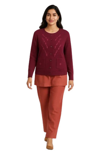 Maroon Embroidered Ladies Cardigan
