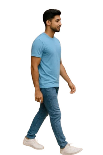 Men Round Neck Blue T Shirt