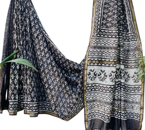 Natural Dabu Block Printed Chanderi Silk Saree - Color: Multi Color