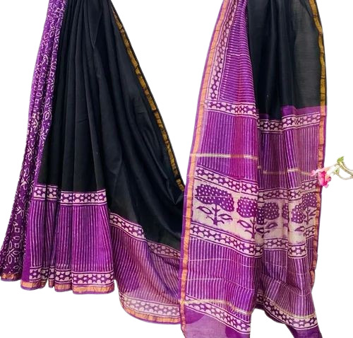 Natural Hand Block Printed Chanderi Silk Saree - Color: Multi Color