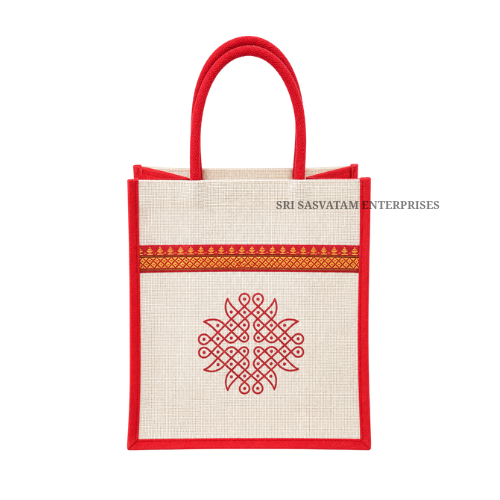 Kolam Printed Zari Jute Bag - Color: Customizable