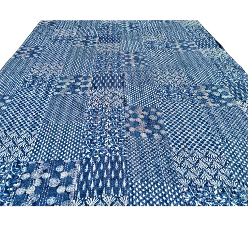 Blue Kantha Multi Patch Print Handmade Bedsheet