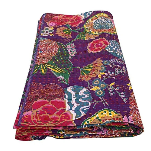 Cotton Floral & Fruit Print Cotton Kantha Quilt Throw Blanket Bedspread Ethnic Blanket Indian Quilt