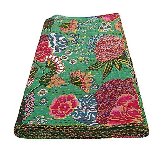 Fruit Print Kantha Quilt Indian Handmade Throw Reversible Blanket Bedspread
