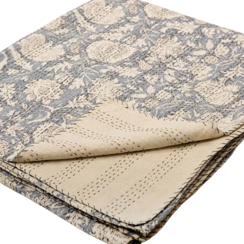 Grey Floral Minimal Kantha Quilt Pure Cotton Kantha Throw Blanket Bedspread Coverlet Kantha
