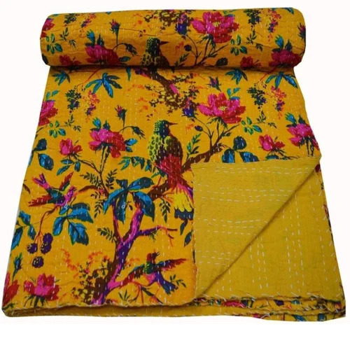 Indian Mango Kantha Quilt King Handmade Kantha Bed Cover Throw Reversible Blanket Bedding