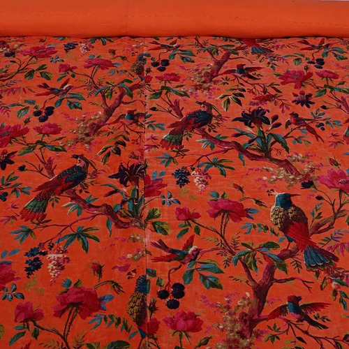 Birds Of Paradise Cotton Velvet Quilt - Orange