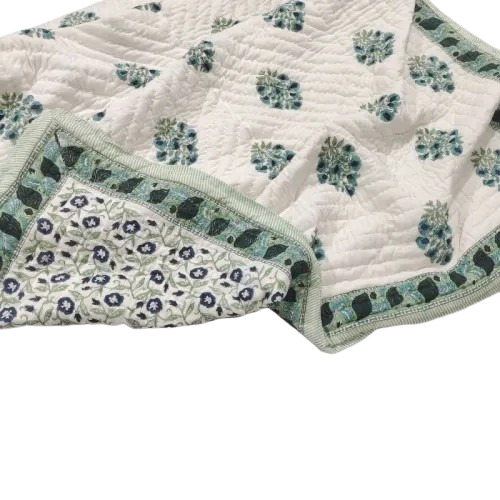 Hand Block Printed Green Floral Quilt