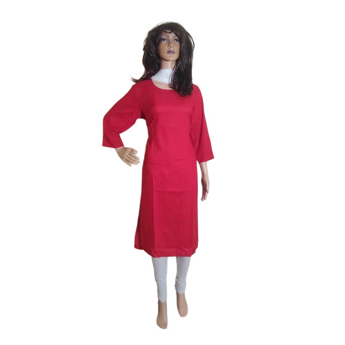 Red Rayon Plain Kurti