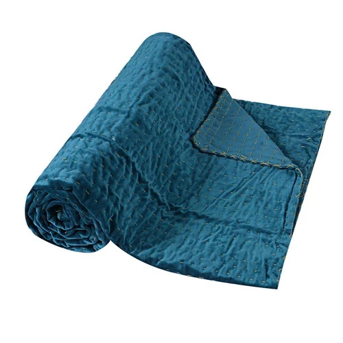 Solid Velvet Kantha Quilted Teal - Pattern: Printed