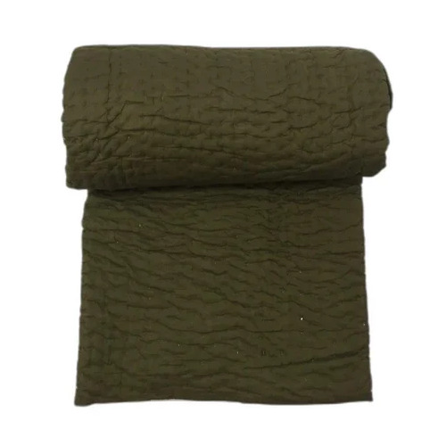 Solid Olive Green Hand Stitch Pure Cotton Kantha Quilt - Pattern: Plain Dyed
