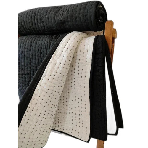 Solid Reversible Black White Kantha Quilt