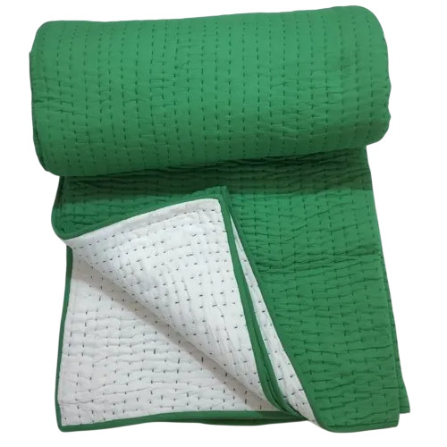 Solid Reversible Grass Green White Kantha Quilt