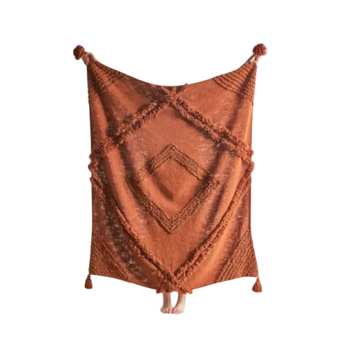 Rust Color Cotton Tufted Throw Blanket