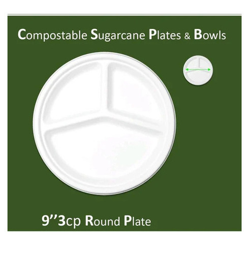 9 Inch 3 Compartment Sugarcane Round Plate
