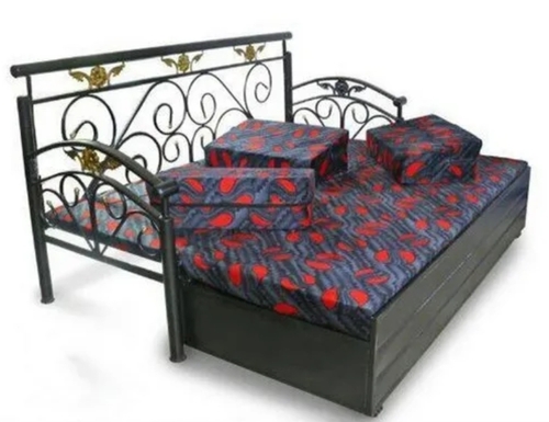 Black Powder Coated Metal Sofa Cum Bed - Mild Steel 6x5 Feet Black, Space Saving Dual Purpose Folding Seating