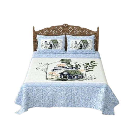 Cotton Printed Blue And White Double Bed Sheet - Double Size, 100% Cotton | Lightweight, Wrinkle Resistant, Breathable Set