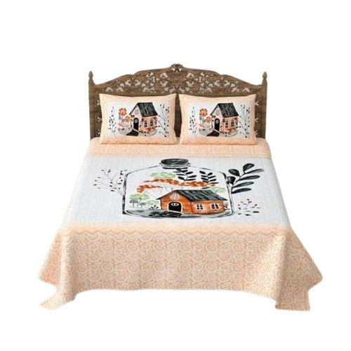 Cotton Printed Light Orange And White Double Bed Sheet - Double Size, 100% Cotton, Shrink Resistant, Wrinkle Resistant