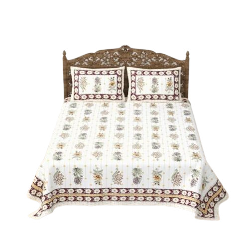 Cotton Printed Off White Double Bed Sheet - 1 Bed Sheet and 2 Pillow Covers, Shrink Resistant, Lightweight, Breathable