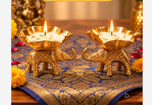 Metal Elephant With Diya  - Color: Golden