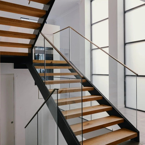 Mild Steel Center Beam Staircase - Mild Steel, 1000mm Height, Clear Tempered Glass, Side Mounted Bracket