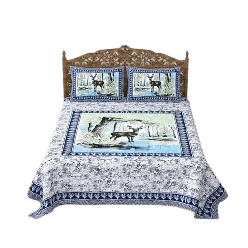 Pure Cotton Printed Bedsheets - Double Size, Blue and White, Shrink Resistant, Lightweight, Breathable
