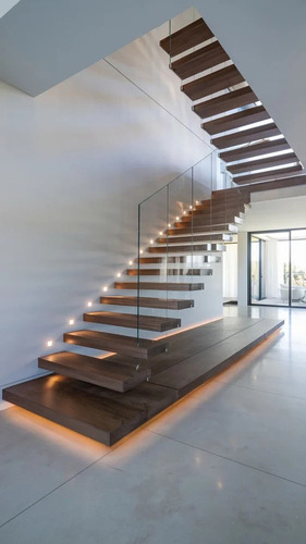 Floating Hanging Cantilever Staircase - Mild Steel & Toughened Glass, Clear, 12mm Glass Thickness, Wall Mounted, 1000mm Railing Height, Durable & Modular