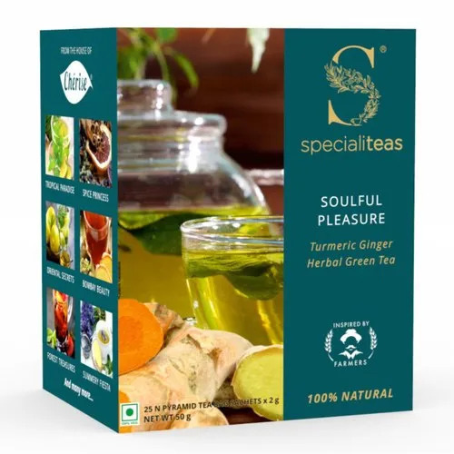 50g Cherise Soulful Pleasure Turmeric Ginger Herbal Green Tea - Box Packaging, Unsweetened | Fresh Flavored Tea, Grade A