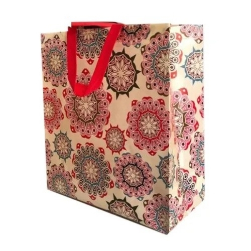 Printed Carry Bags - Kraft Paper, Standard Size, Multicolor, Rope Handle, Biodegradable, Recyclable, Moisture Proof
