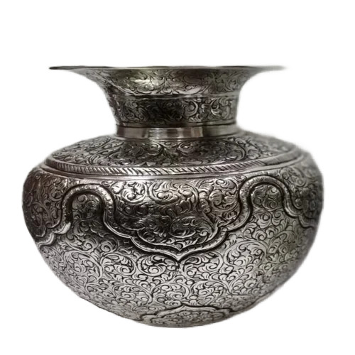 02 Metal Silver Coated Carving Work Decorative Pot