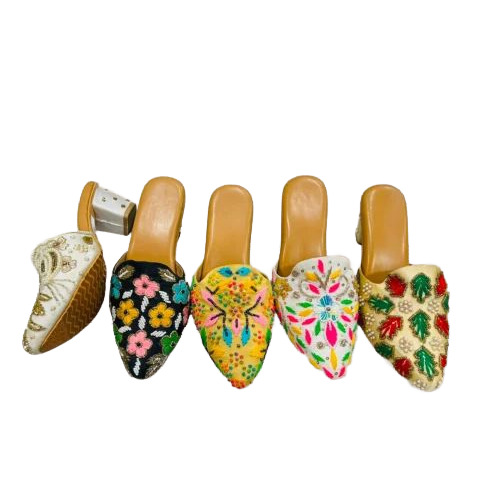 02 Women Hand Embroidered Block Heel Mules