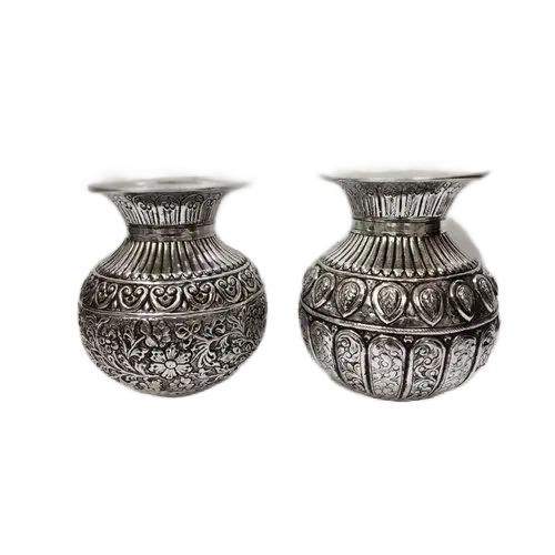 7.5 Inch Silver Plated Carving Work Pooja Kalash