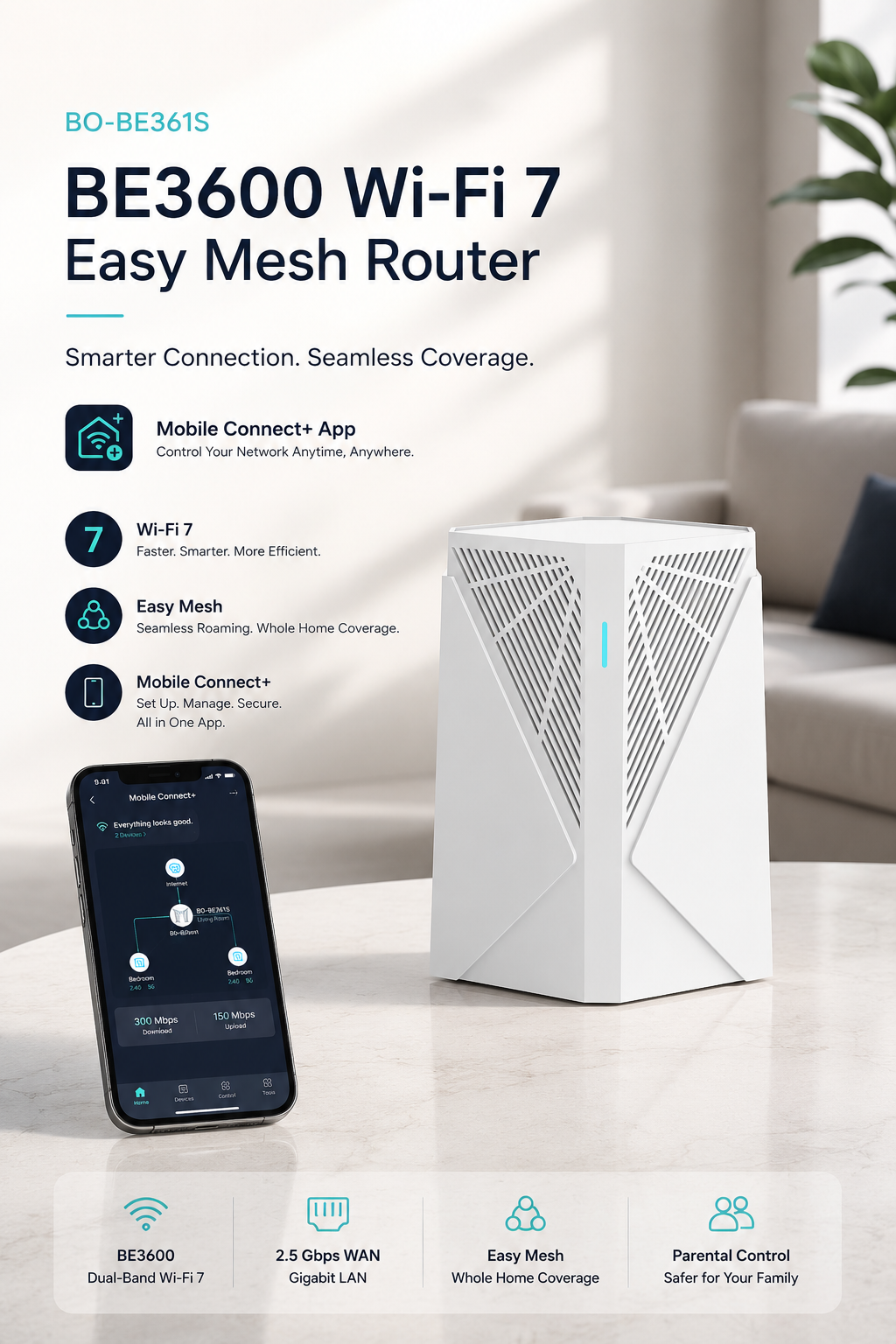Be3600 Wifi7 Easy Mesh Router - Color: White