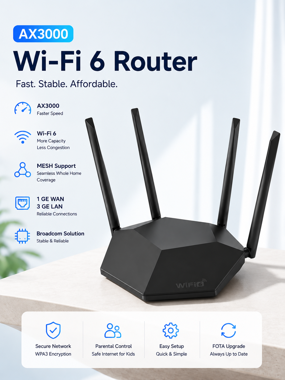 Broadcom Bcm6756 Solution Open-wrt Wifi 6 Ax3000 Dual Band Easy Mesh Router Support Vlan  - Port: 4