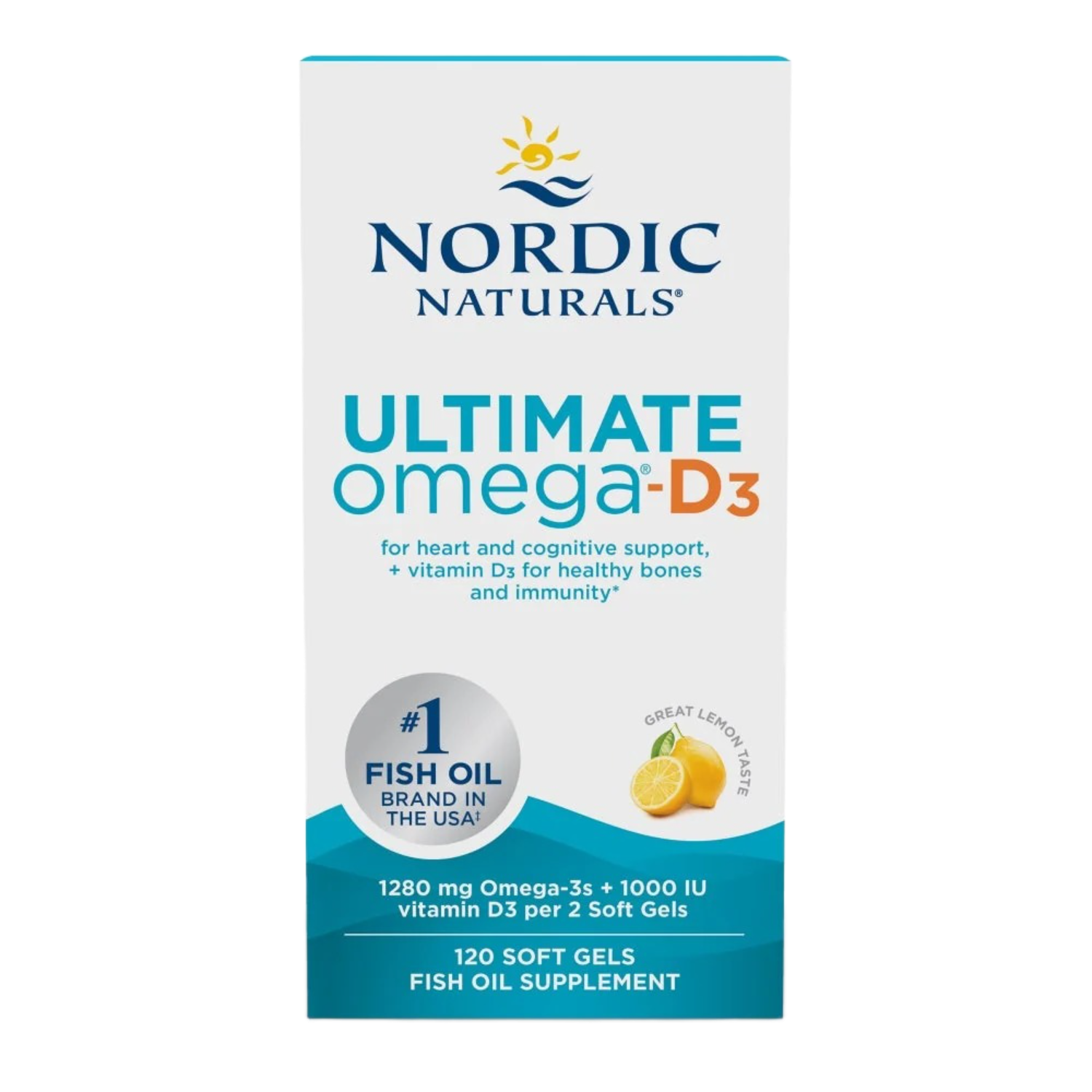 Nordic Naturals Ultimate Omega D3 1280mg Omega-3 + 1000 IU D3, Lemon, 120 Soft Gels