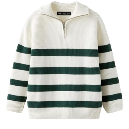 Cream And Dark Green Striped Half Zip Knit Sweater