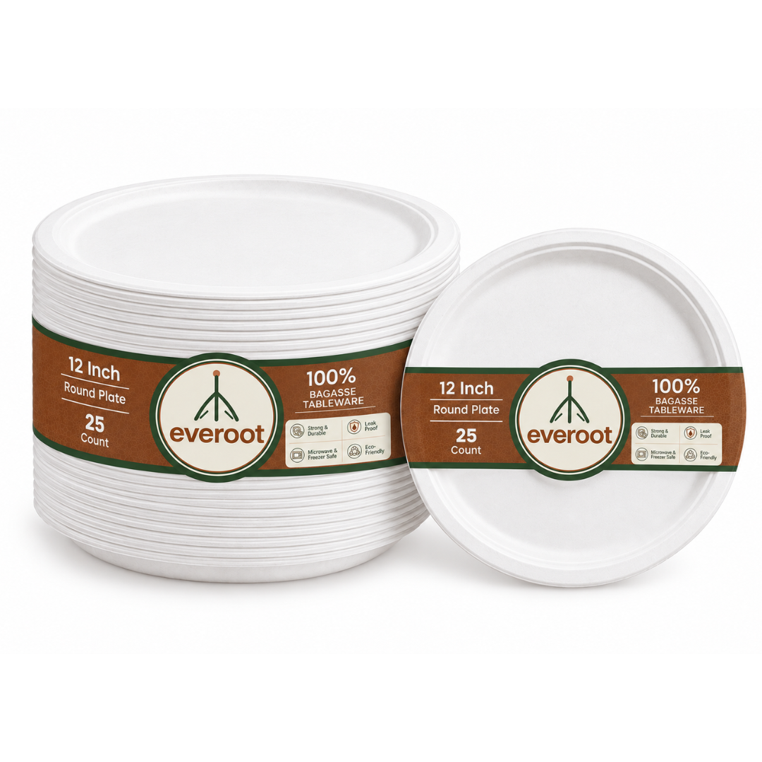 Everoot Disposable 12 Inch Round Bagasse Plate Pack of 25
