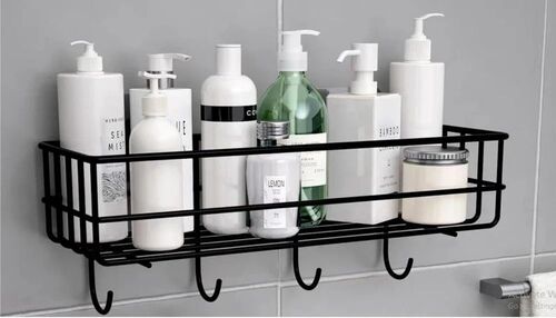 Stainless Steel Black Rectangular 4 Hooks Bathroom Wall Shelves