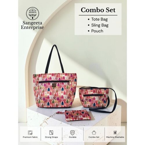 3 Pcs Combo Set Tote Sling Bag Pouch Ethnic Print