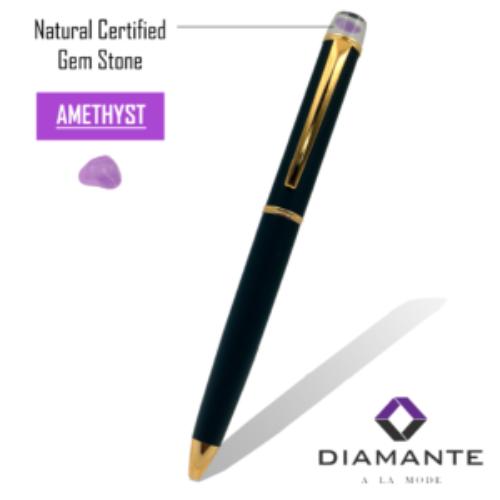 DIAMANTE A LA MODE Golden Pen With Natural Certified Gemstone (AMETHYST)