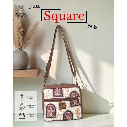Jute Square Bag Double Zipper Crossbody Ethnic Print - Color: Multicolor