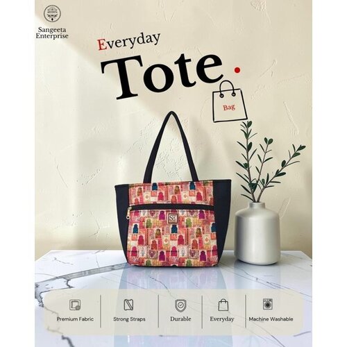 Ladies Everyday Tote Bag Multicolor Ethnic Print Zip Pocket