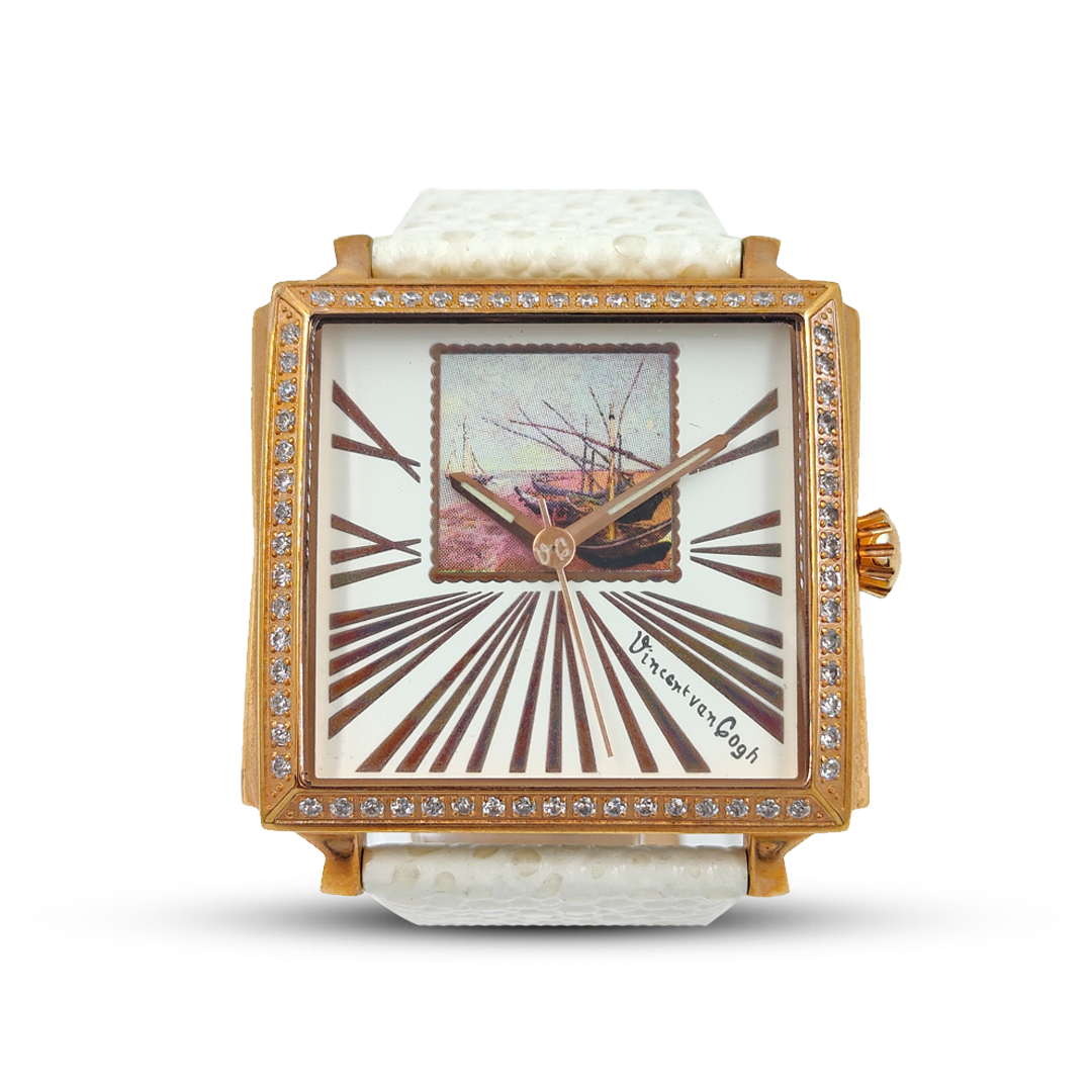 Mens Vincent Van Gogh Solid Stainless Steel With White Band Analog Wrist Watch