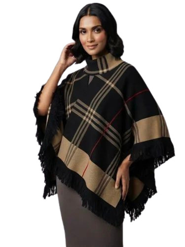 Black Women Floral Print Winter Wool Poncho