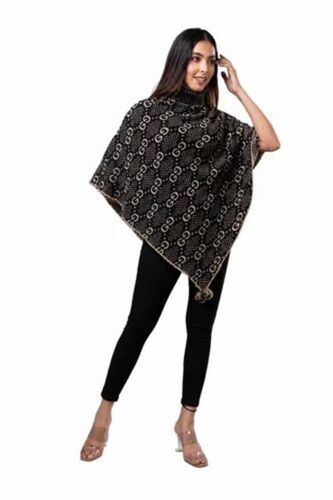 Deep Black Women Floral Print Winter Wool Poncho