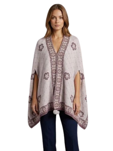 Light Pink Women Floral Print Winter Wool Poncho