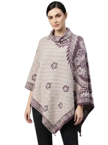 Light Purple Women Floral Print Winter Wool Poncho