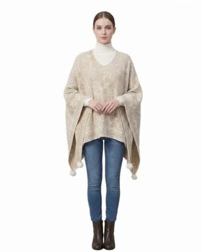 Off White Women Floral Print Winter Wool Poncho